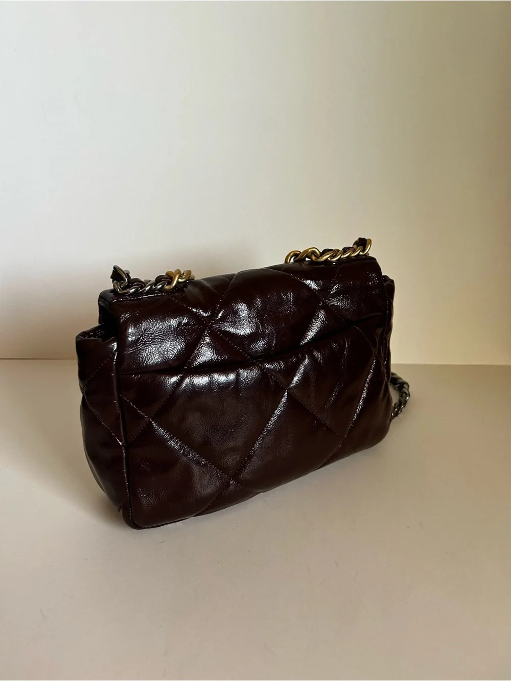 CHANEL Brown Quilted Leather Crossbody with Mixed Gold-Silver Chain
